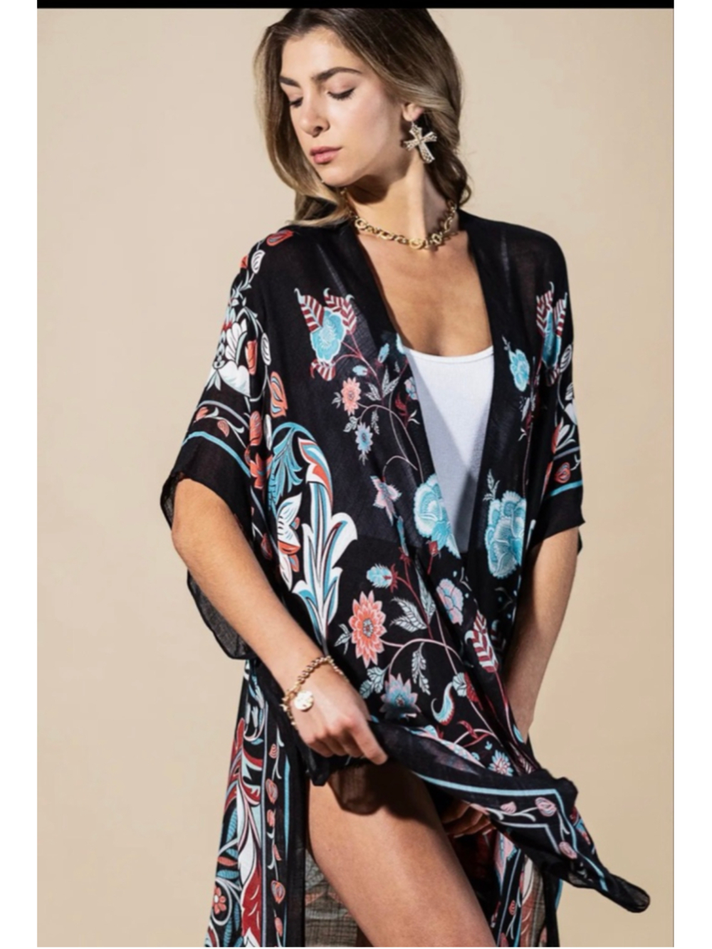 Women's Floral Print Kimono Coverup Black, Blue